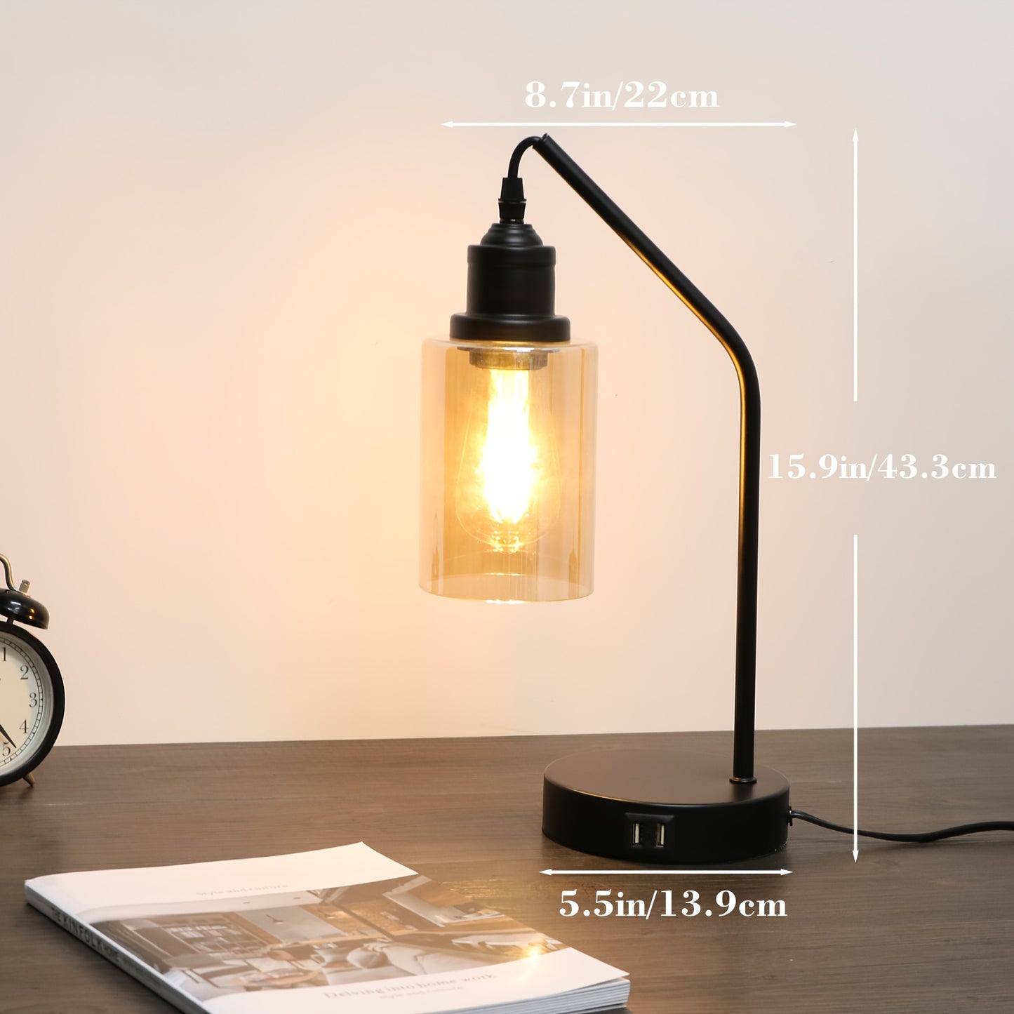 Matte Black 2 Pack 16 Inch Industrial Nightstand Table Lamp 3 Way Dimmable Touch Control Amber Glass Shade Dual USB Charging Ports Includes LED Filament Bulbs Small Desk Lamp for Living Room Bedroom Home Office