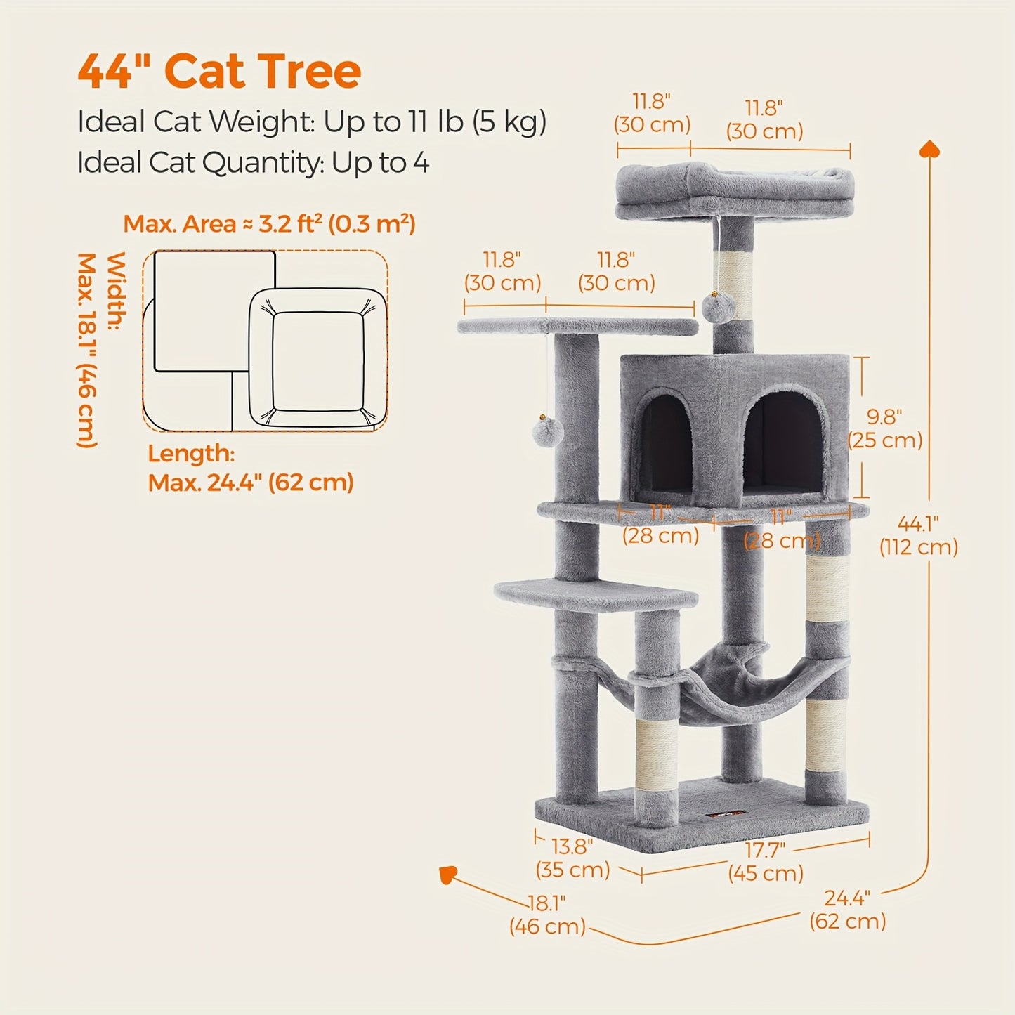 Feandrea Cat Tree 44/66.1in Large Plush Condo for Cats