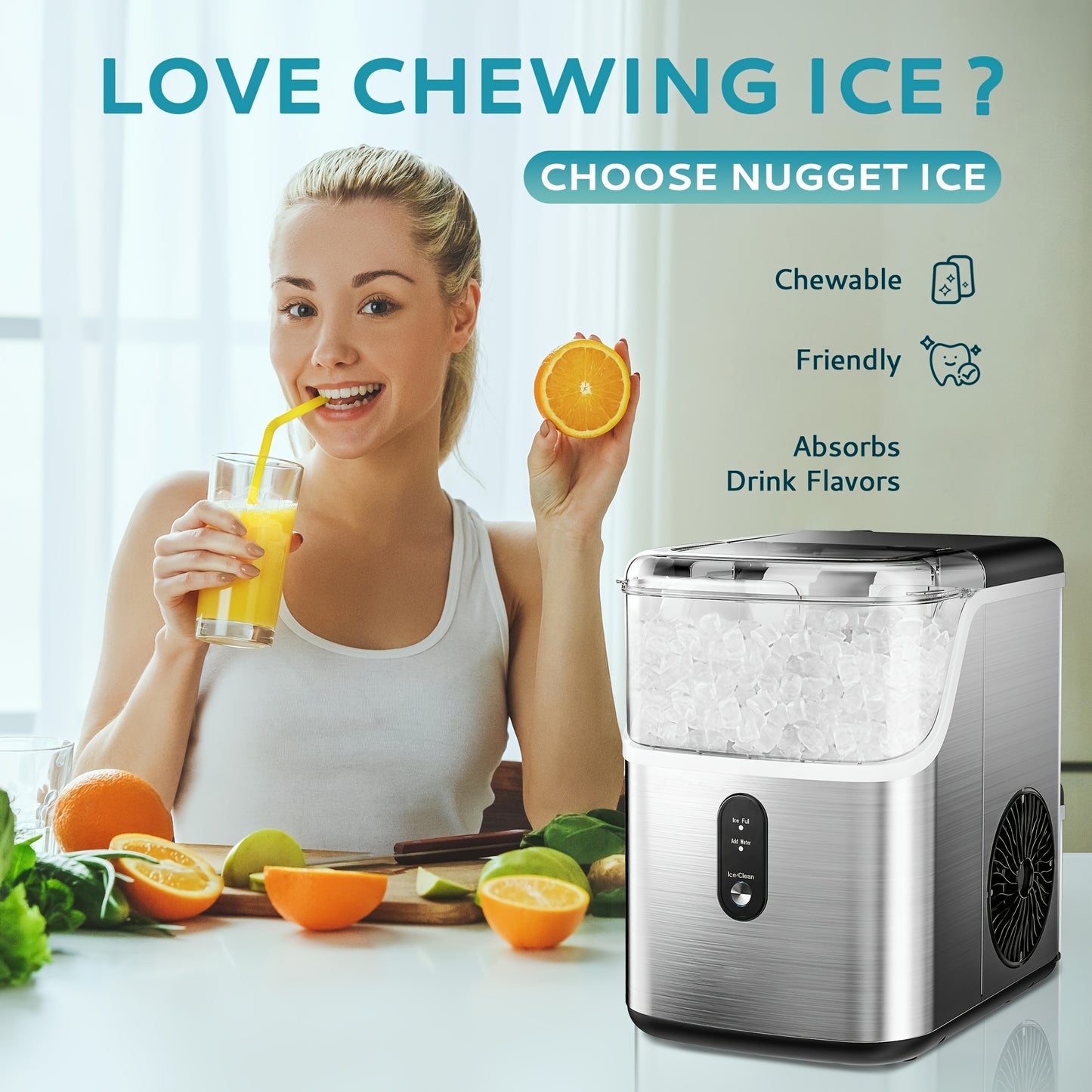 Portable Ice Maker Nugget Ice Maker 26-34Lbs/Day Auto-Cleaning