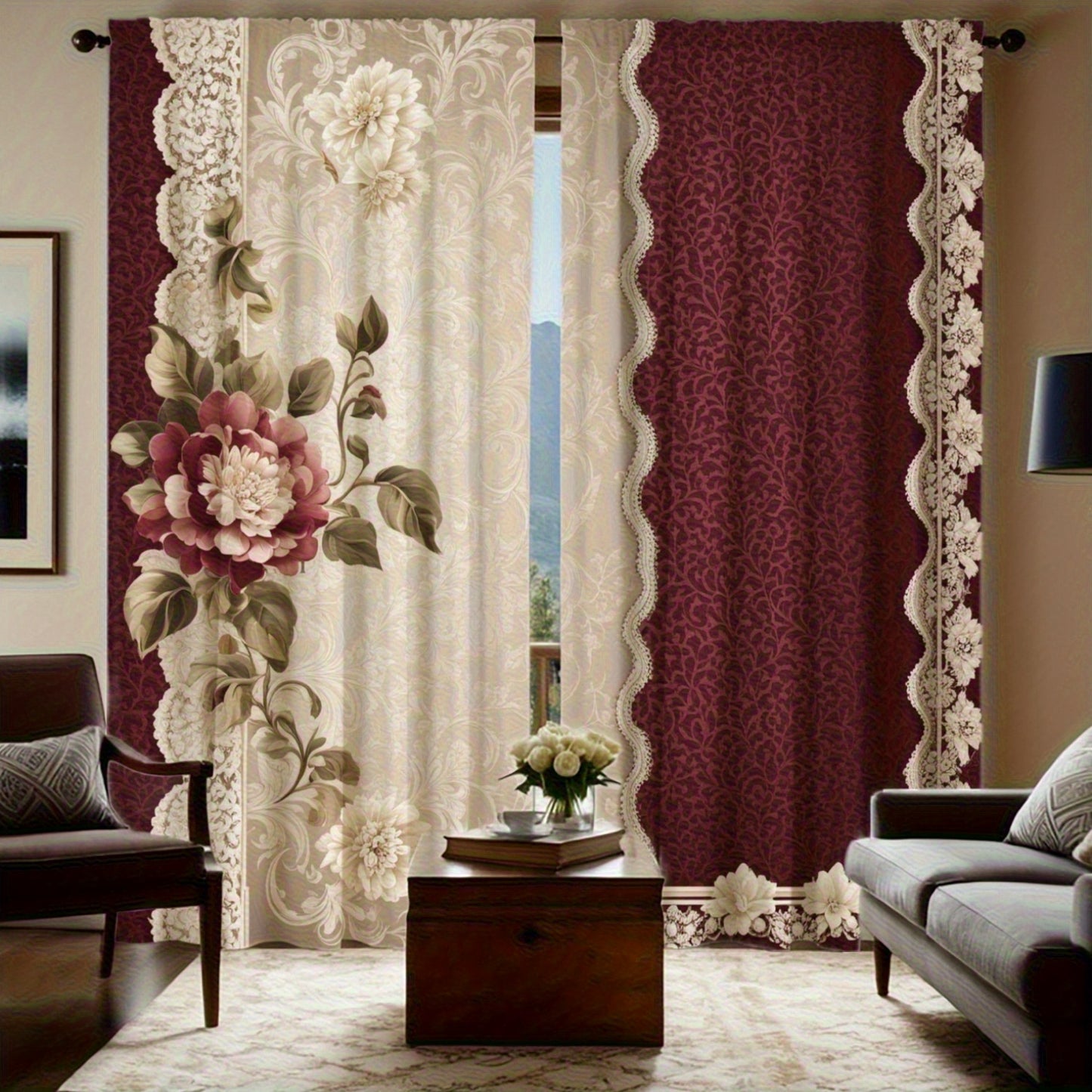 Elegant Floral and Paisley Lace Edge Curtains Set of 2 Red and White Semi-Transparent Polyester Rod Pocket Design Perfect for Living Room Bedroom and Study Machine Washable Durable Microfiber