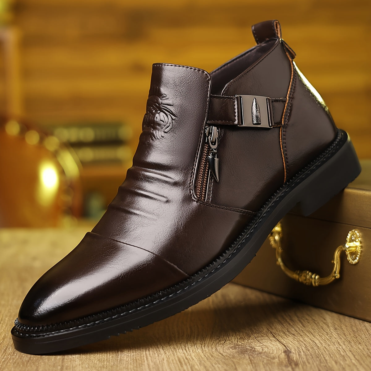 Men's Elegant Black Ankle Boots with Embossed Lion Design