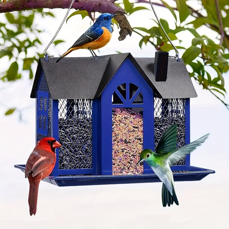 Metal Mesh Bird Feeder For Outdoor Hanging With Waterproof Roof And Seed Tray Large Capacity 4 Lbs For Garden Decoration
