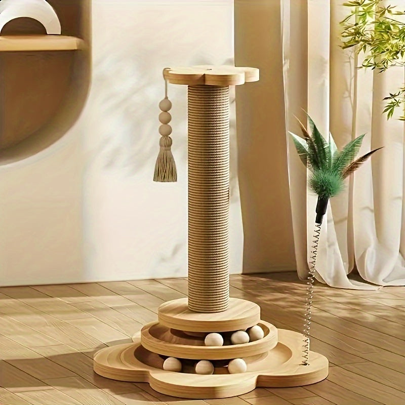 Vertical Cat Scratching Tower with Solid Wood Construction Sisal Rope Scratching Surface Cozy Cat Nest Climbing Frame Wear-Resistant Teasing Stick Toy for Multi-Cat Households