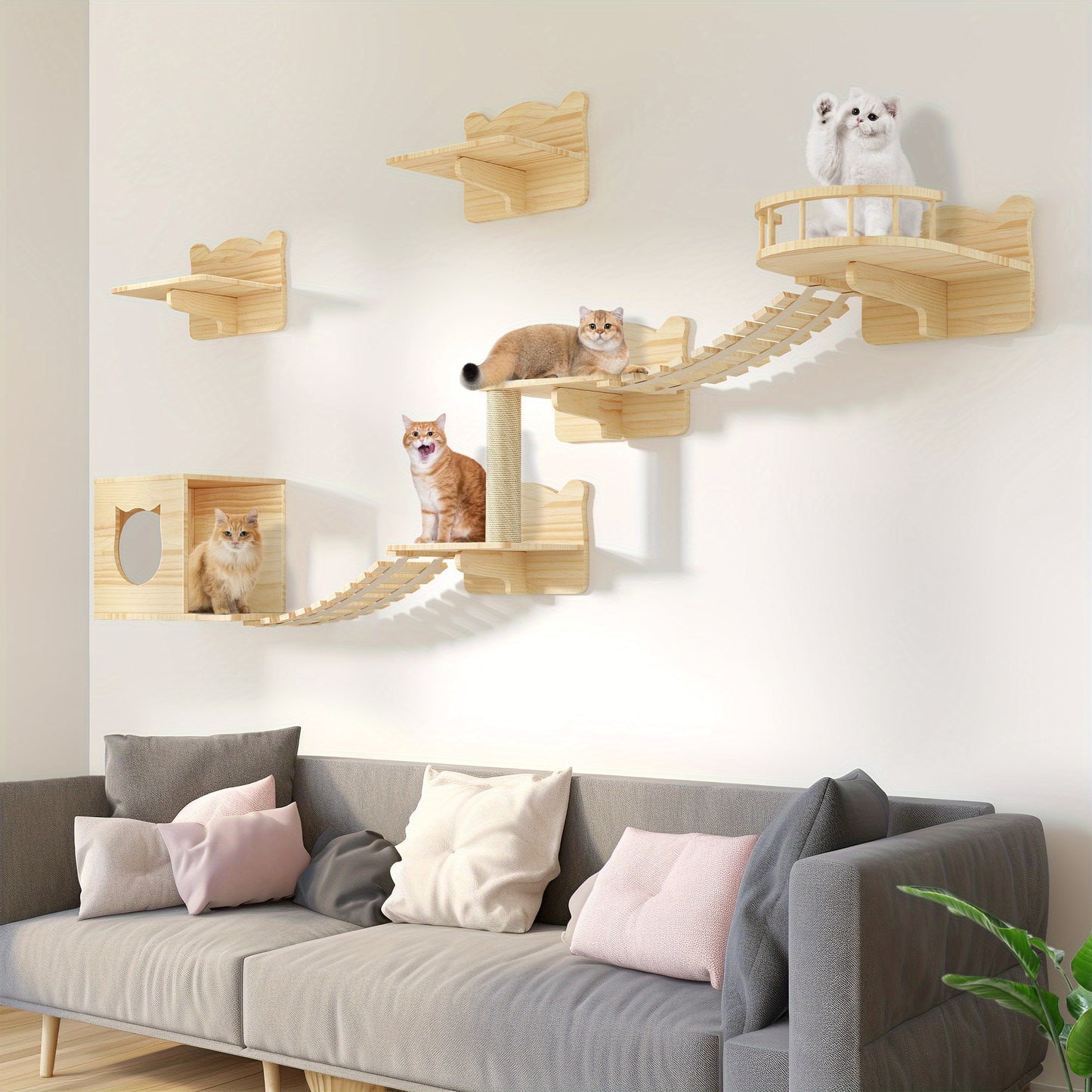 Natural Pine Cat Tree 9pcs Wall-Mounted Set with Condo