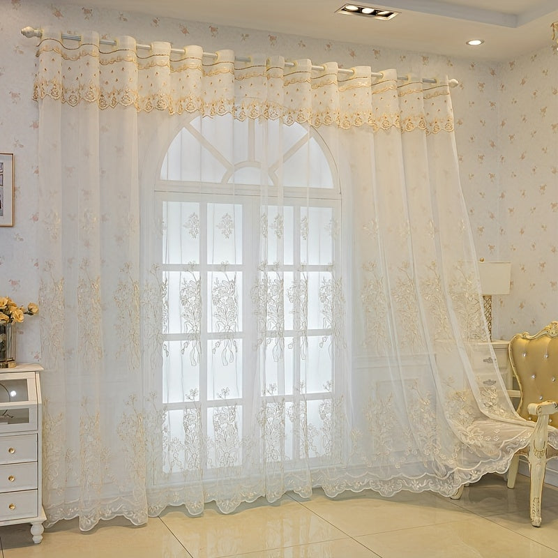 2pcs Tiyana Sheer Curtains with Golden Embroidery Elegant Floral Pattern Lightweight Polyester Grommet Top for Living Room and Bedroom All Season Thermal Insulation French Style Home Decor