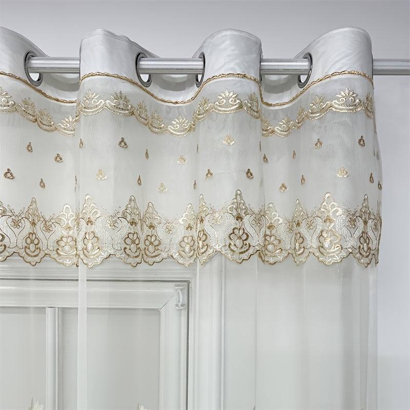 2pcs Tiyana Sheer Curtains with Golden Embroidery Elegant Floral Pattern Lightweight Polyester Grommet Top for Living Room and Bedroom All Season Thermal Insulation French Style Home Decor