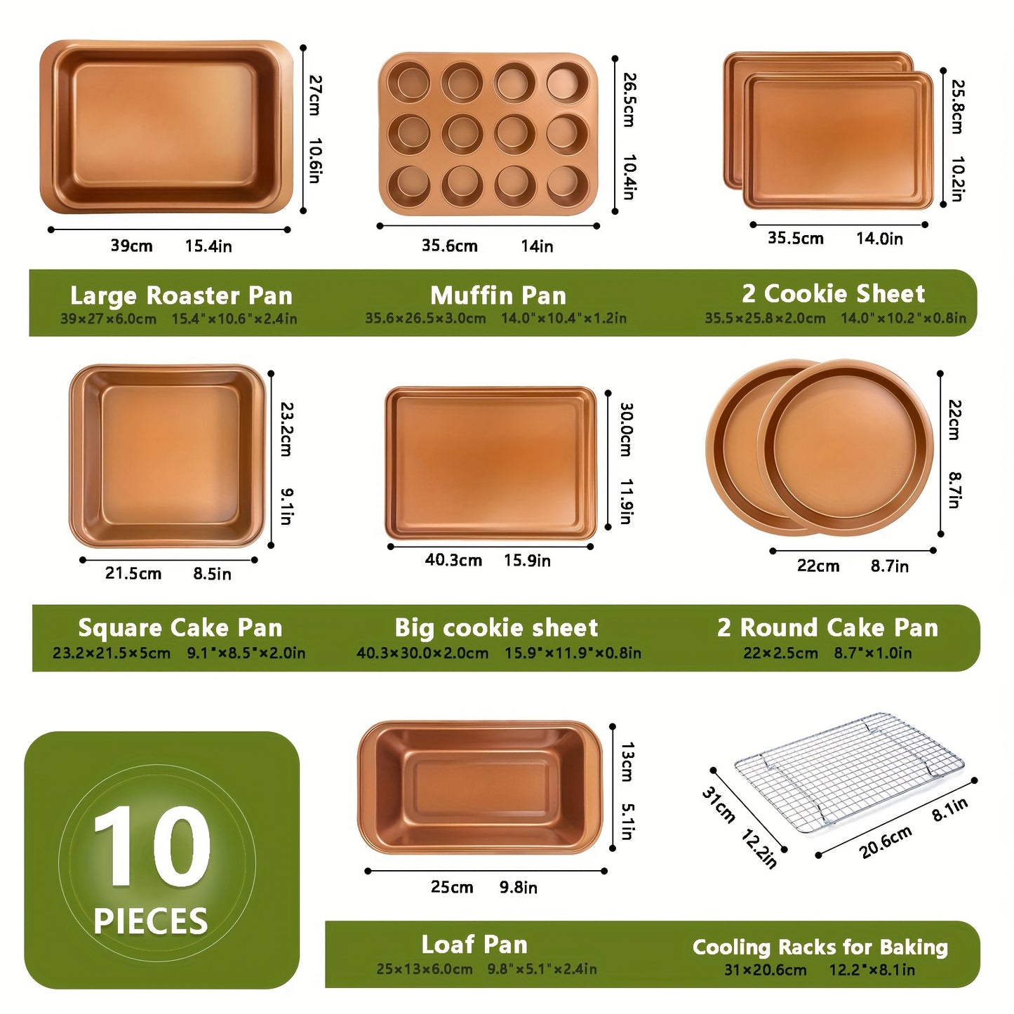 Golden Nonstick Baking 10-Piece Set, Heavy Duty and Safe