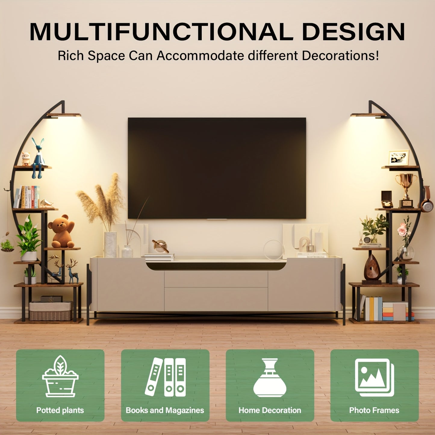 65 Inch Multi Functional Metal Black and Brown 7 Tiered Two Piece Bookshelf with Lights Wooden Bookcase for Books Handicraft Decorations Frames Multiple Corner Display Stand for Living Room Study Room Bedroom Hallway Good Gift Choice