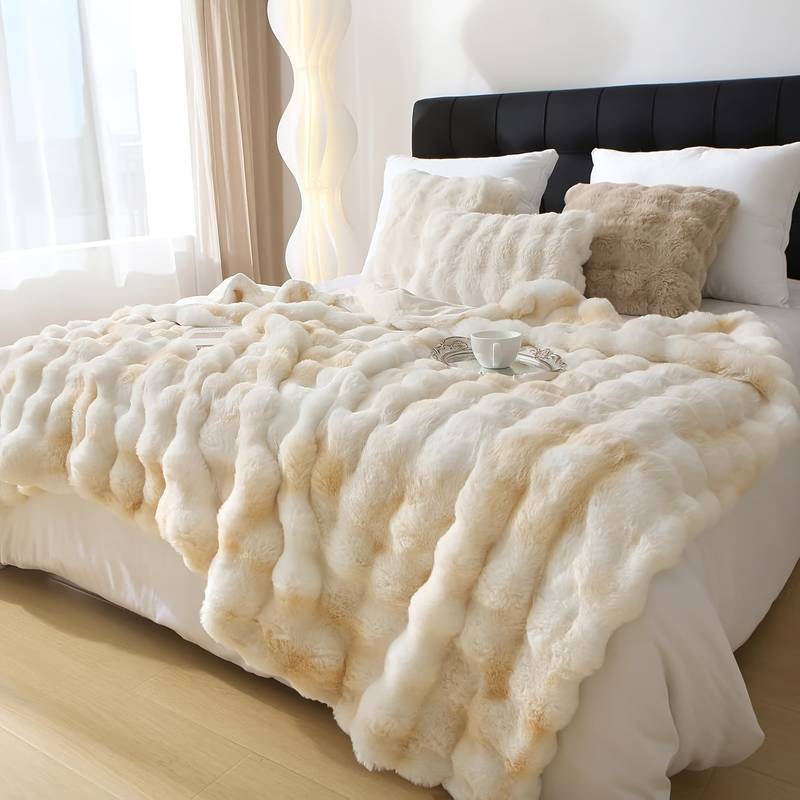 1pc Bohemian Style Reversible Faux Rabbit Fur Blanket