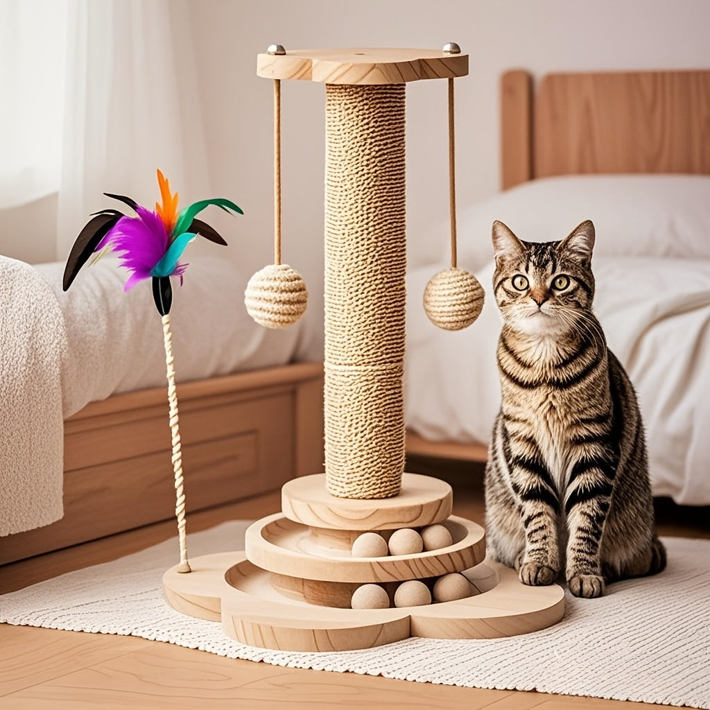 Vertical Cat Scratching Tower with Solid Wood Construction Sisal Rope Scratching Surface Cozy Cat Nest Climbing Frame Wear-Resistant Teasing Stick Toy for Multi-Cat Households