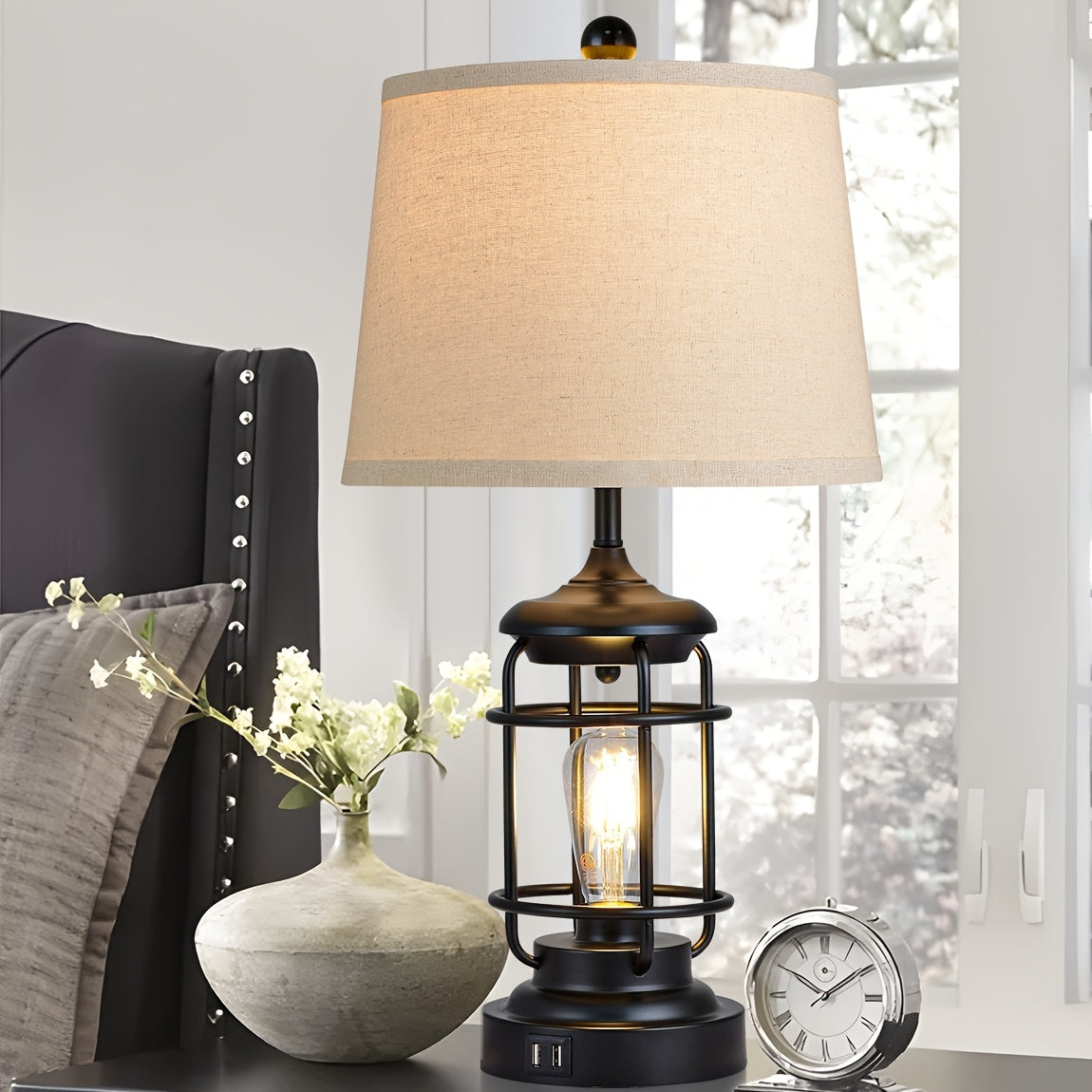 2 Set Farmhouse Table Lamps with 4 LED Bulbs 9W Bright Rotary Switch Top Light Touch Control 3 Way Dimmable Nightstand Lamps Dual USB Ports Natural Linen Shade Metal Black 22 Inch