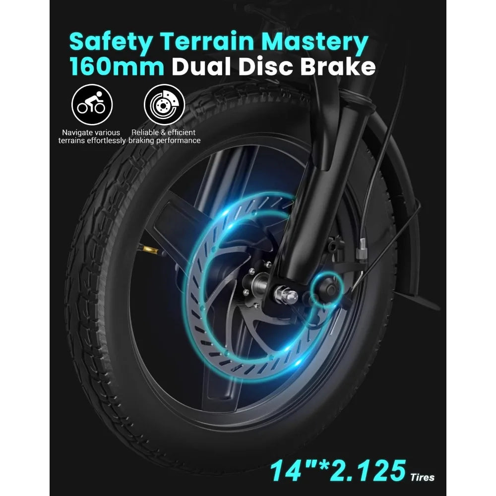 Folding Electric Bike with Removable 499Wh Battery 48V, 3-Speed, Mini E Bikes 14" Tires