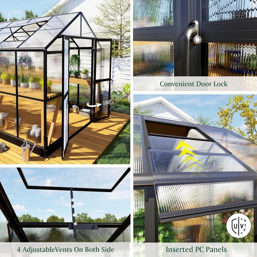 8x10x7.5 FT Polycarbonate Greenhouse with Double Swing Doors