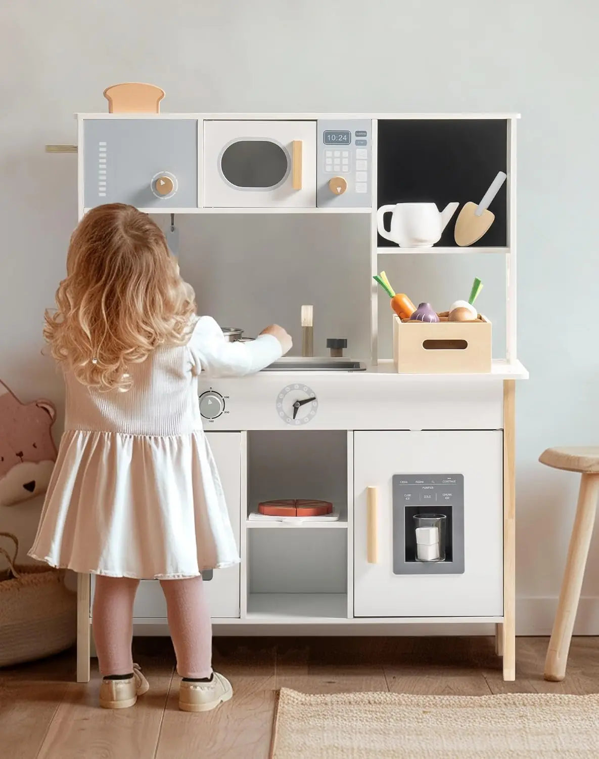 Robotime Play Kitchen Wooden Kids Playset with Toy Food Set