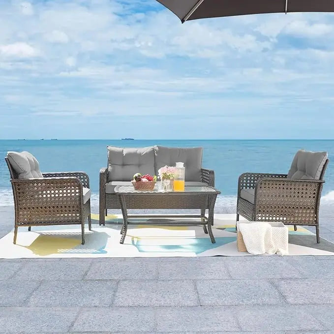 Wicker Furniture with Loveseat, Rattan Seating Outside Coffee Table w/2 Chair