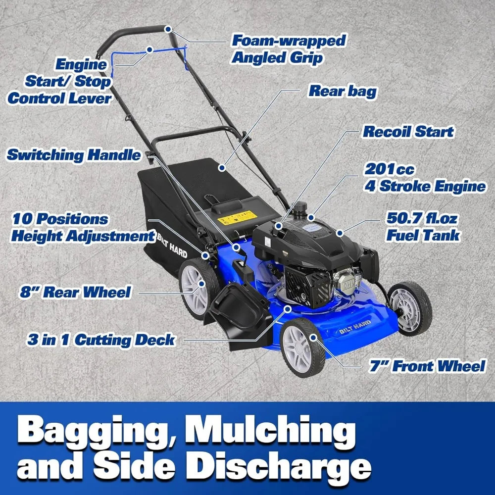 21 Inch Gas Powered Lawn Mower, 4-Cycle 201cc Engine, 3-in-1 Push Lawnmower with Bagging