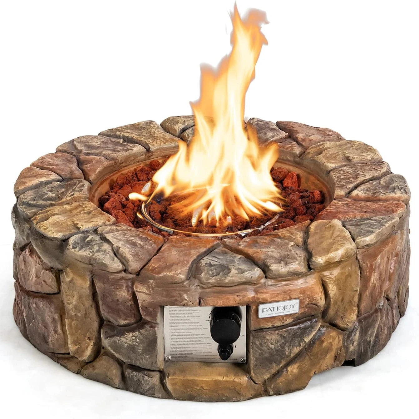 28 Inch Round Propane Gas Fire Pit, Stone Look Outdoor Propane Fire Pit with Lava Rocks & PVC Cover
