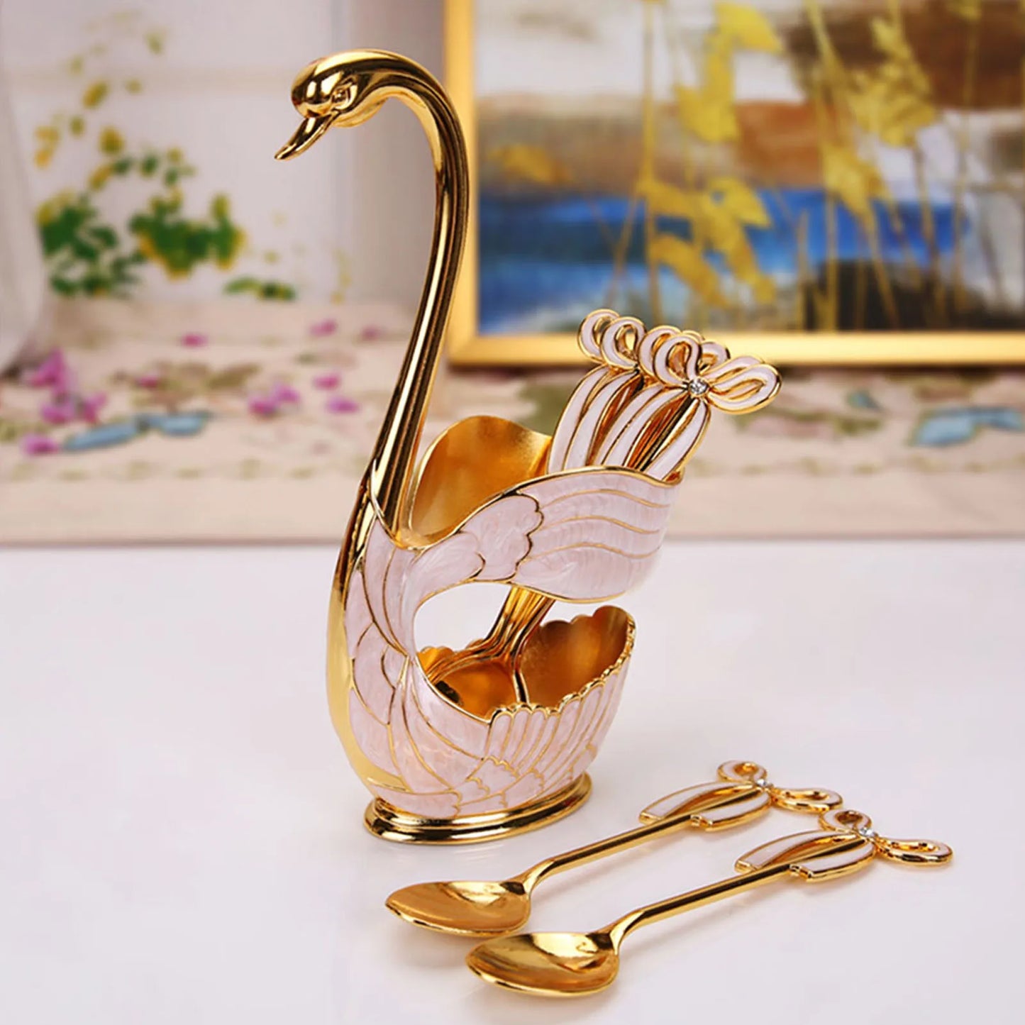 Fruit Scoop Coffee Dessert Spoon Set European Elegant Swan Holder