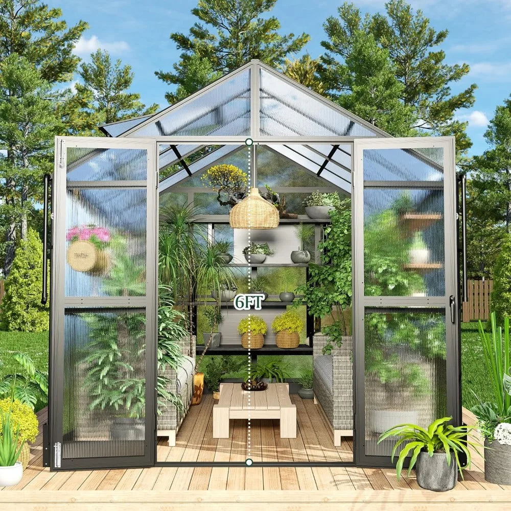 8x10x7.5 FT Polycarbonate Greenhouse with Double Swing Doors