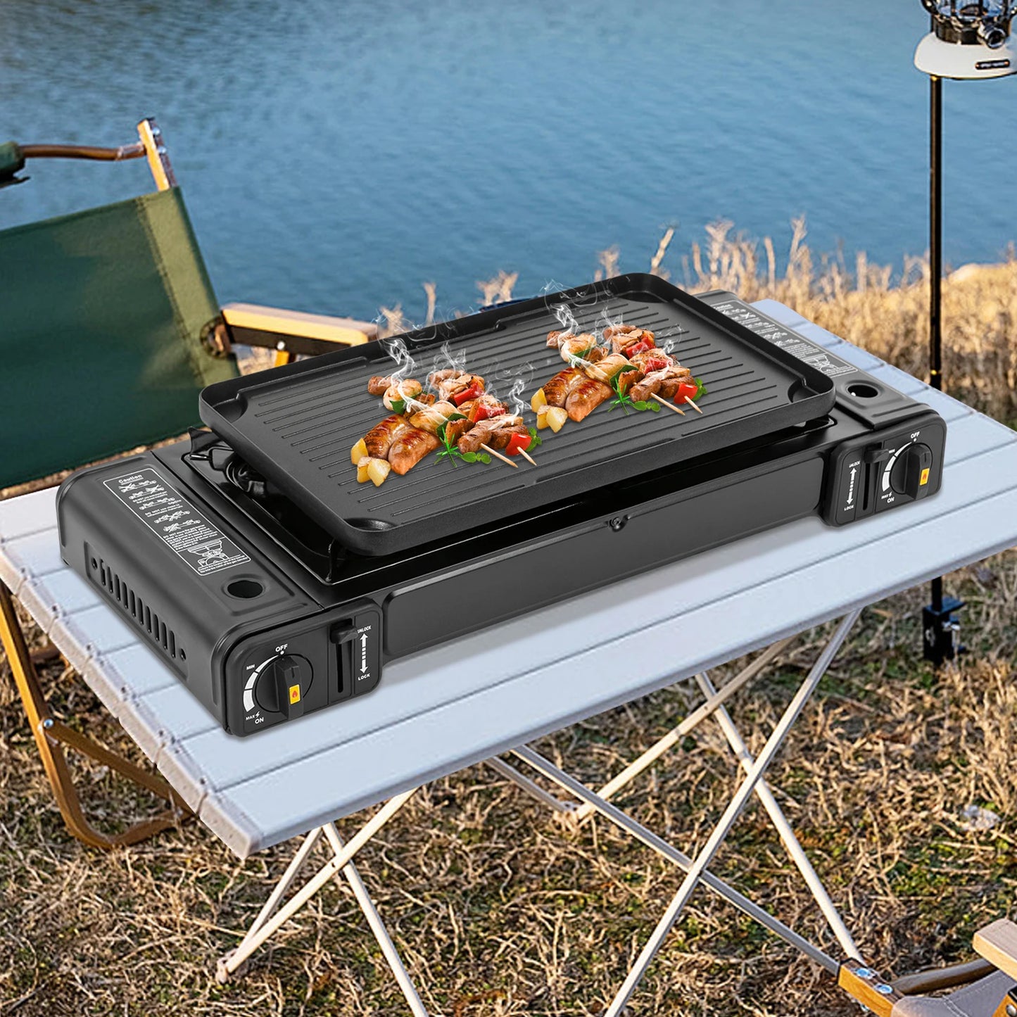Camping Stove Dual Burner W/Grill Tray & Storage Case
