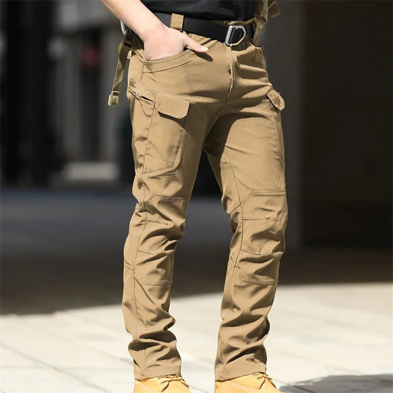 Men Fashion Cargo Pants Solid Color Multi-Pockets Waterproof Trousers