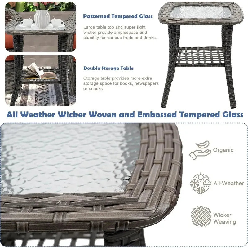 3-Piece Swivel Rocker Wicker Chair Set of 2 with Cushions and Glass Table