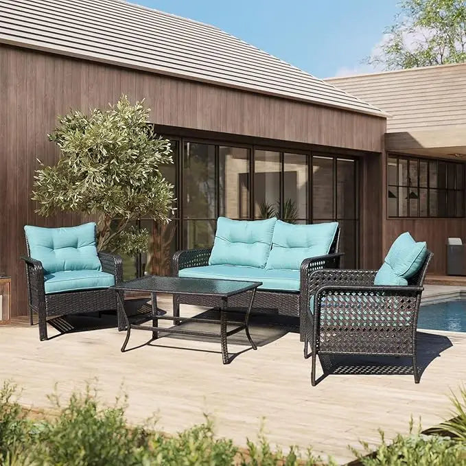 Wicker Furniture with Loveseat, Rattan Seating Outside Coffee Table w/2 Chair