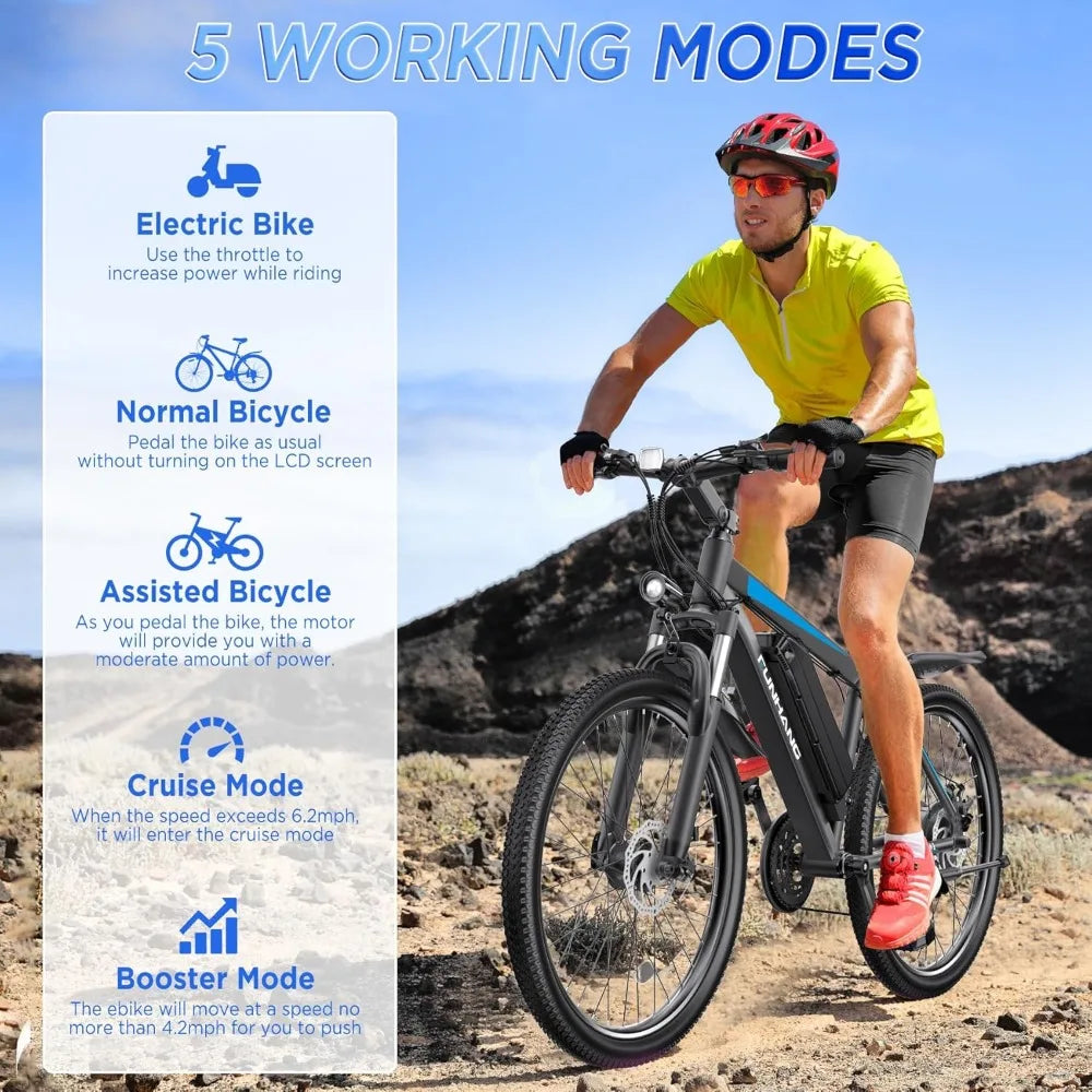 Electric Bike, 26'' 1000W Peak Ebike,Up to 50 Miles 21.7MPH with 48V 374.4WH Removable Battery