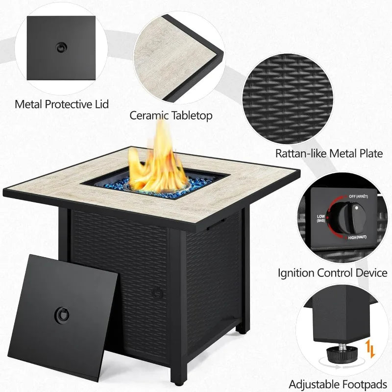 30" Propane Gas Fire Pit Table 50,000 BTU Ceramic Tabletop and Blue Fire Glass for Outdoor/Patio