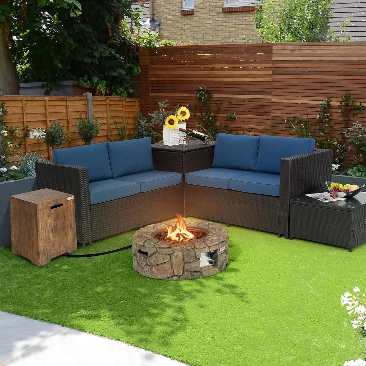 28 Inch Round Propane Gas Fire Pit, Stone Look Outdoor Propane Fire Pit with Lava Rocks & PVC Cover