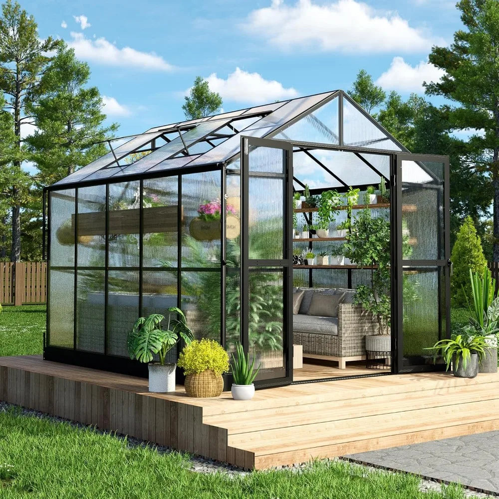8x10x7.5 FT Polycarbonate Greenhouse with Double Swing Doors