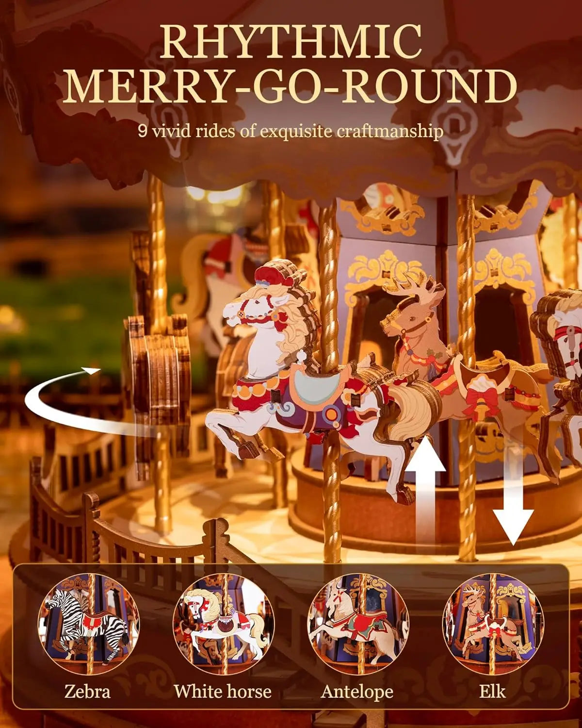 Robotime 3D Wooden Puzzle Carousel Music Box With LED Lights