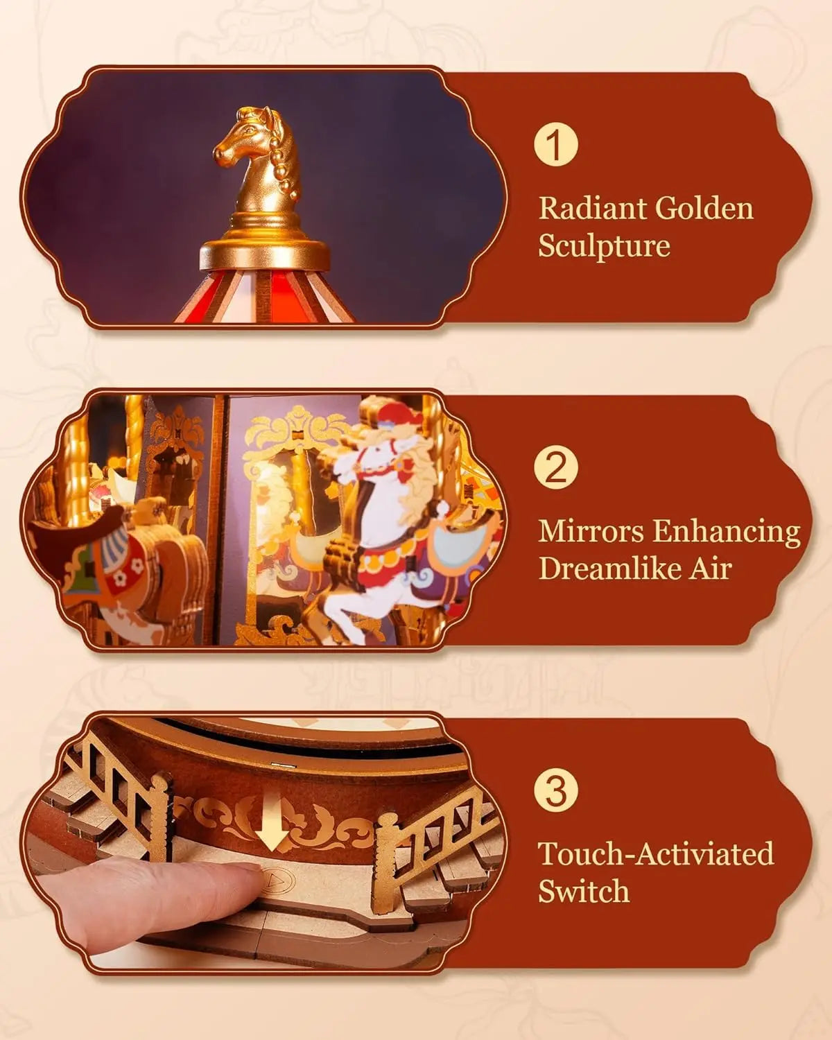 Robotime 3D Wooden Puzzle Carousel Music Box With LED Lights