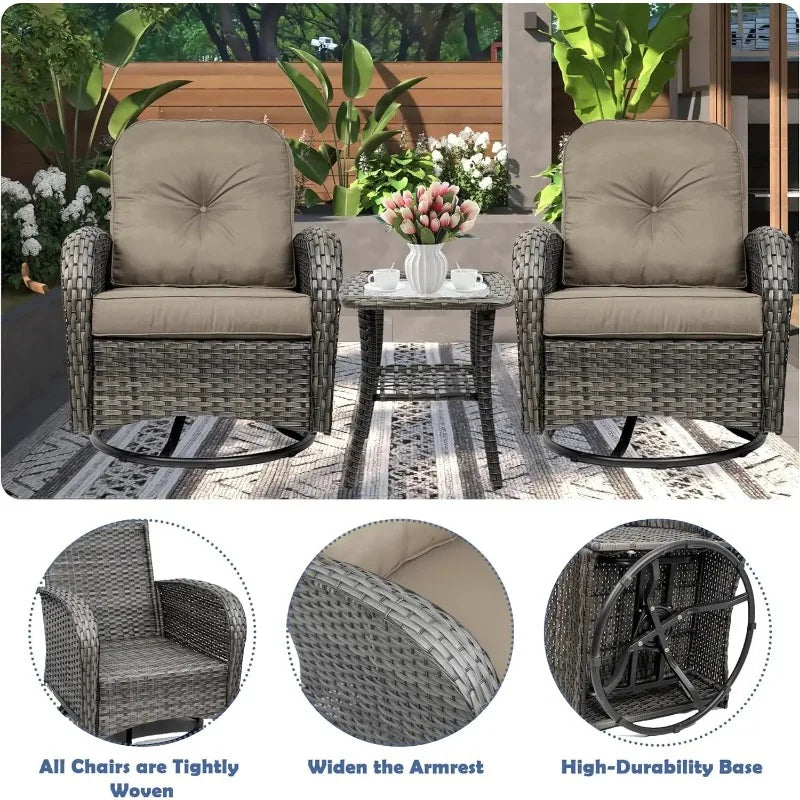 3-Piece Swivel Rocker Wicker Chair Set of 2 with Cushions and Glass Table