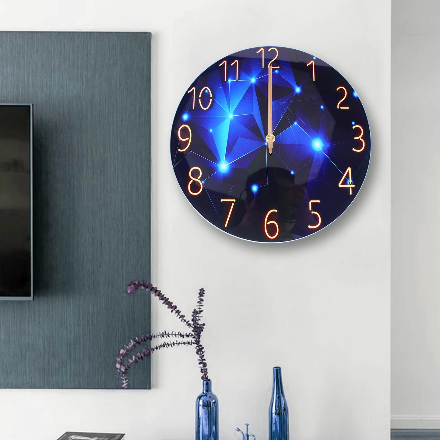 12 Inch Silent Blue Diamond Round Wall Clock Blue Decorative