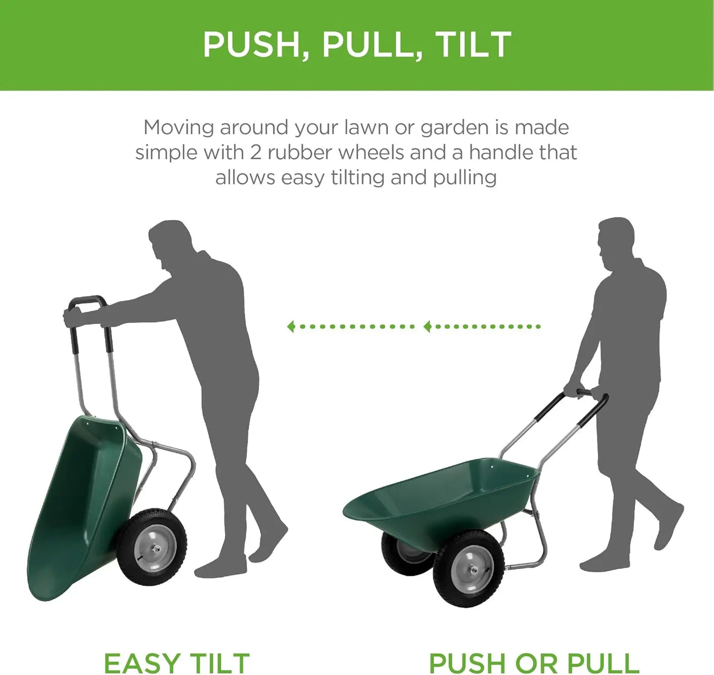 Dual-Wheel Home Utility Yard Wheelbarrow Garden Cart w/Built-in Stand for Lawn, Gardening