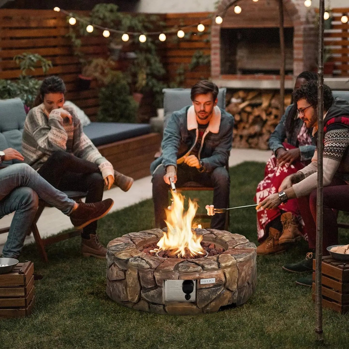 28 Inch Round Propane Gas Fire Pit, Stone Look Outdoor Propane Fire Pit with Lava Rocks & PVC Cover