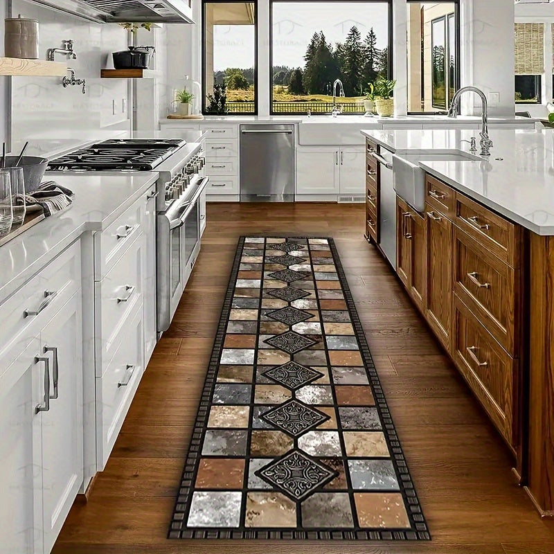 1pc Luxury Crystal Velvet Non-Slip Kitchen Pad White Beige and Brown Elegant Marble Pattern Machine Washable Polyester Mat Suitable for Kitchen Bathroom Bedroom and Corridor Decoration Kitchen Carpet