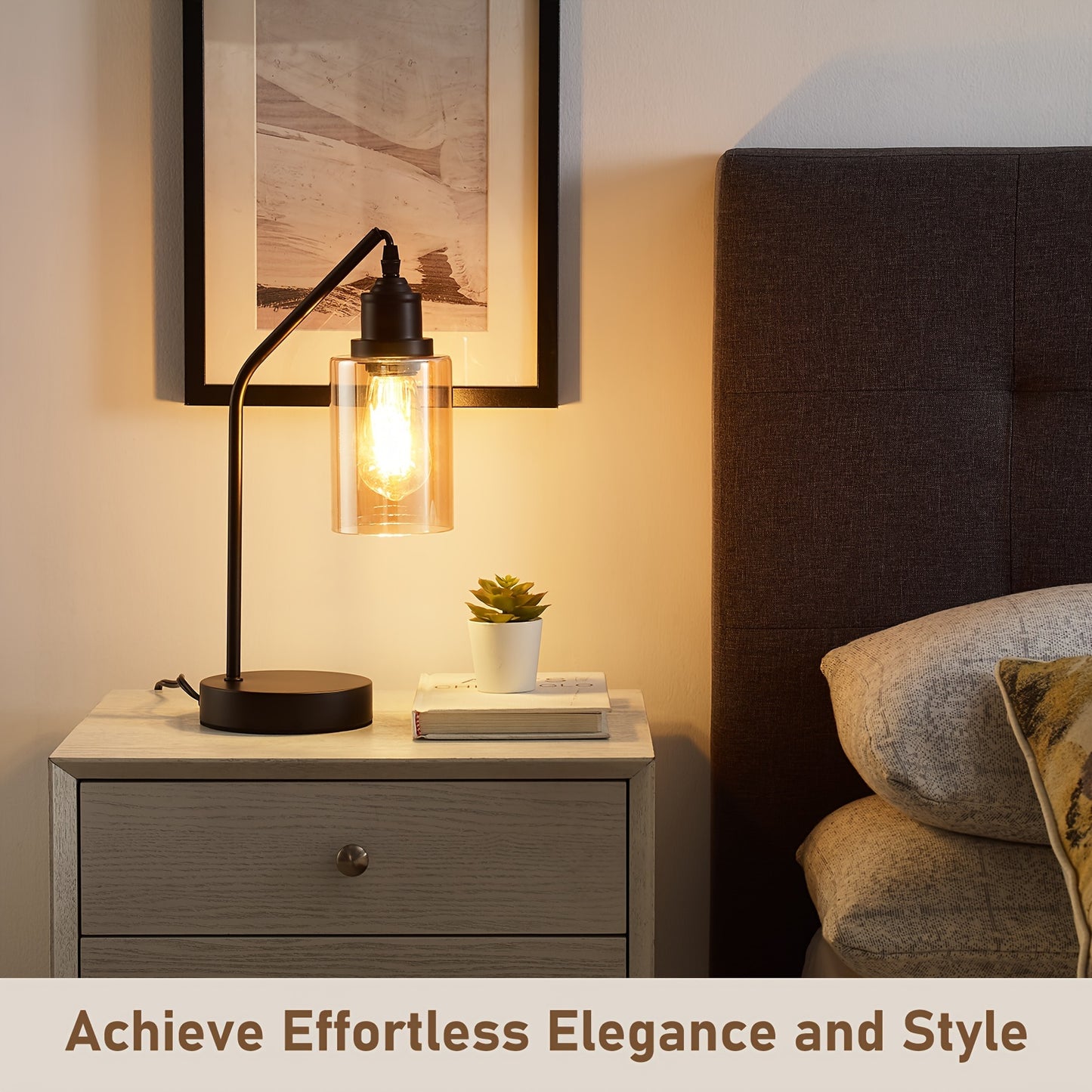 Matte Black 2 Pack 16 Inch Industrial Nightstand Table Lamp 3 Way Dimmable Touch Control Amber Glass Shade Dual USB Charging Ports Includes LED Filament Bulbs Small Desk Lamp for Living Room Bedroom Home Office