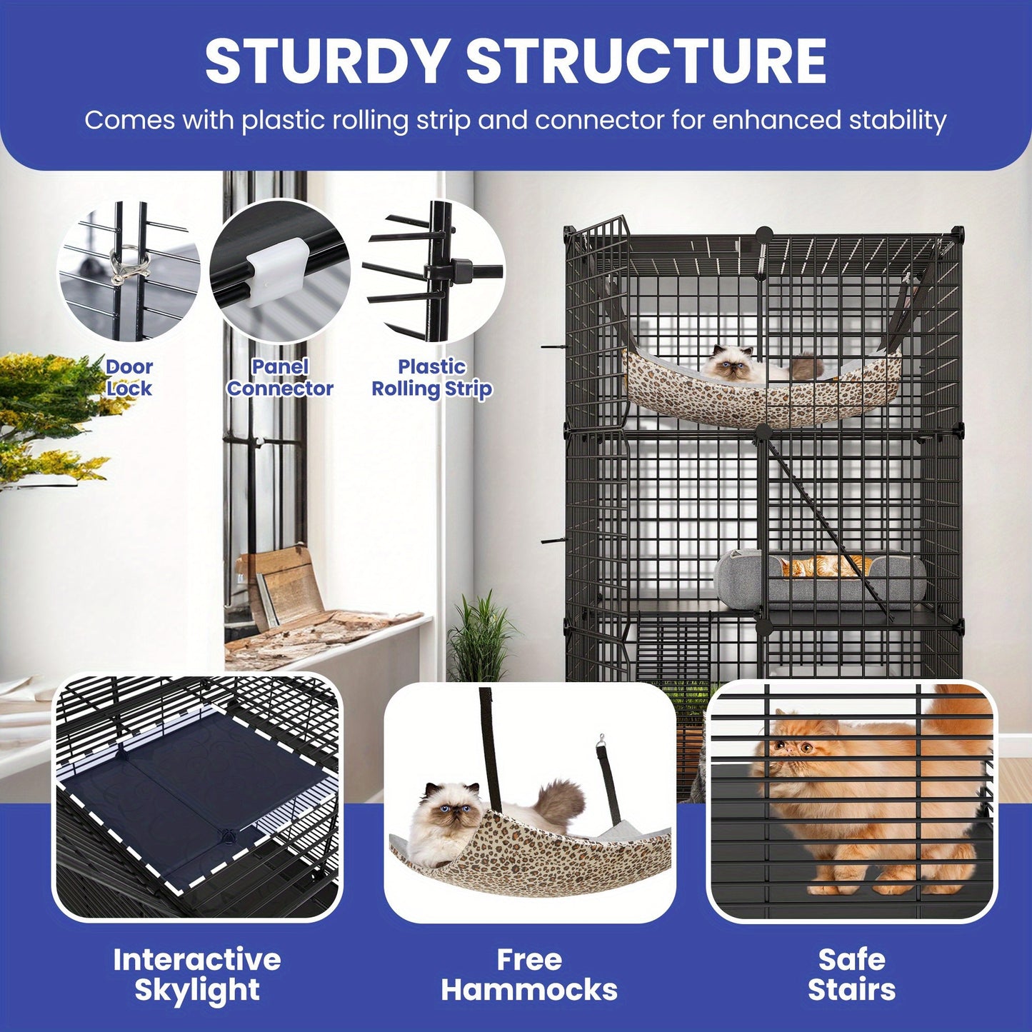 Indoor Outdoor Cat Cage DIY Cat Enclosure with 3 Level Metal Playpen and Oversized Hammock for One or Two Cats and Rabbits