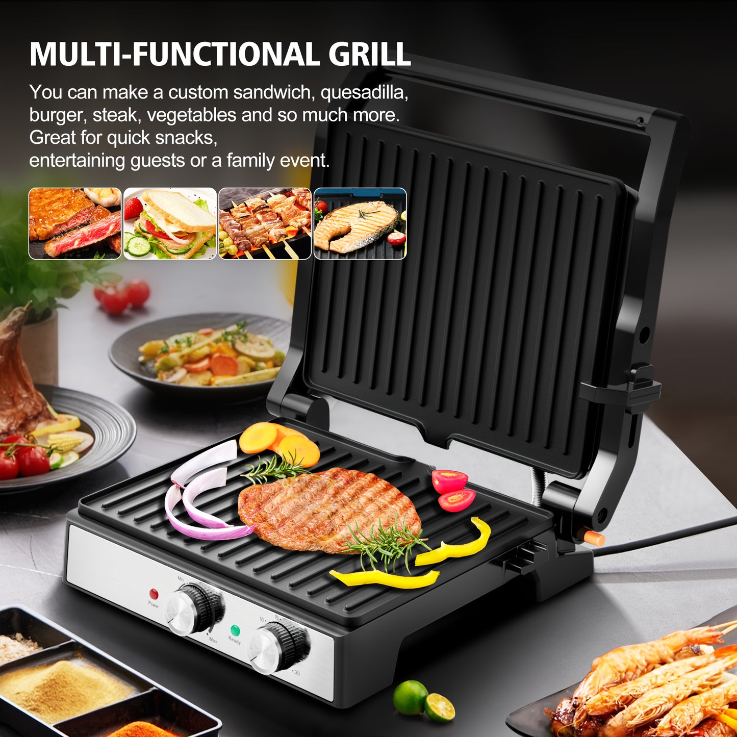 3-in-1 Panini Press - 4-Slice Grill Sandwich Maker