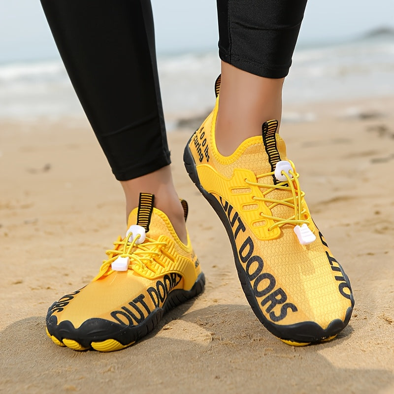 Men's Non Slip Breathable Water Shoes Lightweight Upper With Bright Yellow And Black Letter Print Rubber Sole Suitable For Outdoor And Casual Wear Modern Sports Shoes Durable Rubber Outsole High Quality Footwear