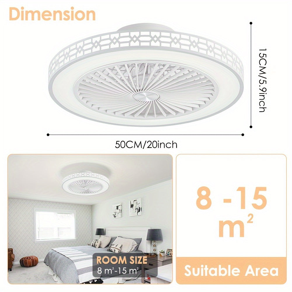 20 Inch Modern Flush Mount Bladeless Ceiling Fan with LED Light Reversible Dimmable 3 Color Temperatures and 4 Speed Settings Quiet Operation for Bedroom and Living Room