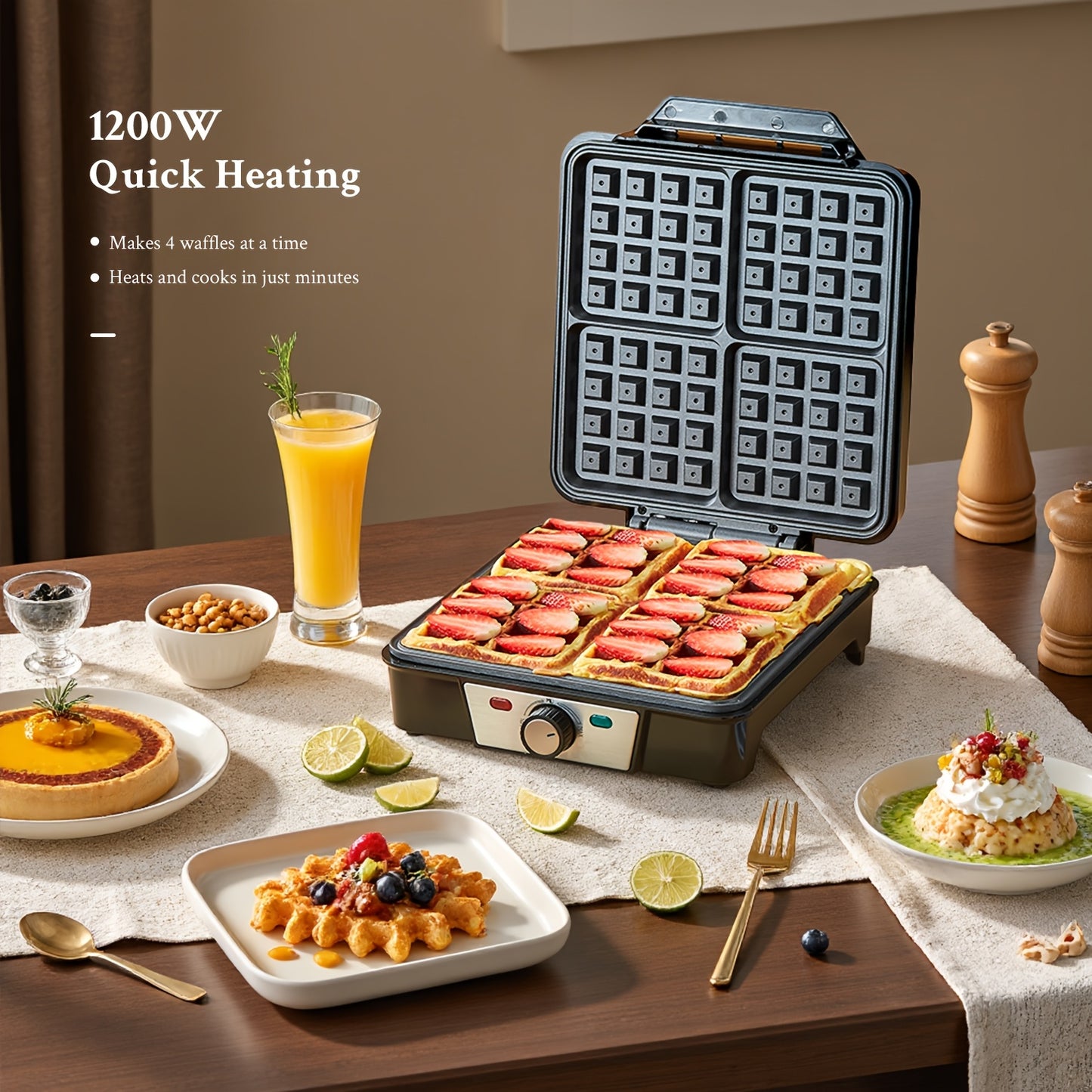 1pc Yabano 4-Slice Belgian Waffle Maker, 1200W Quick Heating