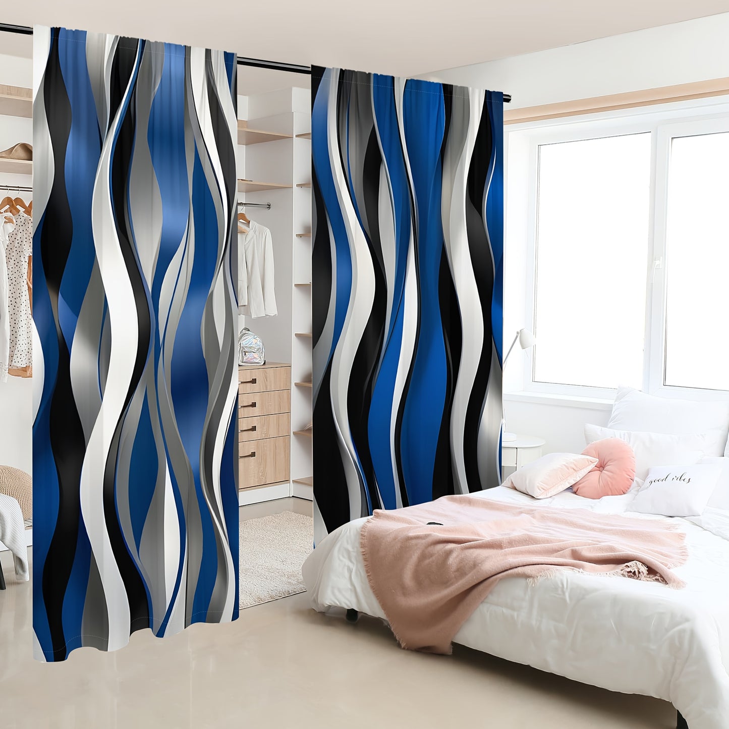 Fashionable Dynamic Smooth Wavy Lines Geometric Pattern Semi Blackout Window Curtains 2 Panels For Bedroom Living Room Kitchen Office Study Indoor Outdoor Home Decor Drapes