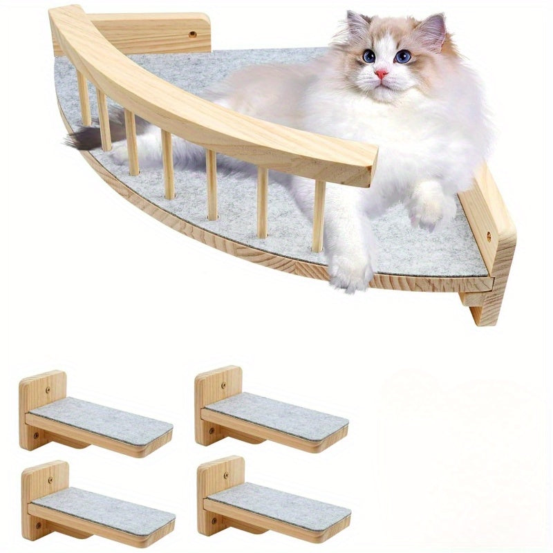 5pcs Wall Mounted Cat Rack with 4 Steps and Felt Padded Wooden Cat Bed Hammock in Black White and Wood