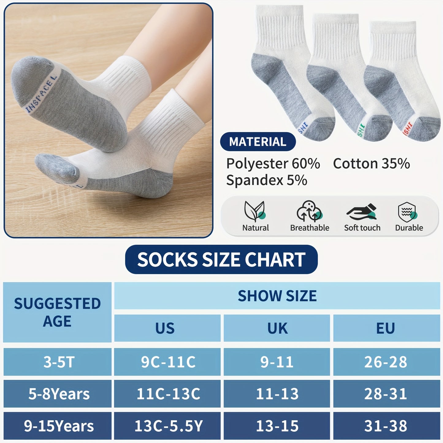 18 Pairs Youngsters' Athletic Crew Socks - Soft Cotton Blend