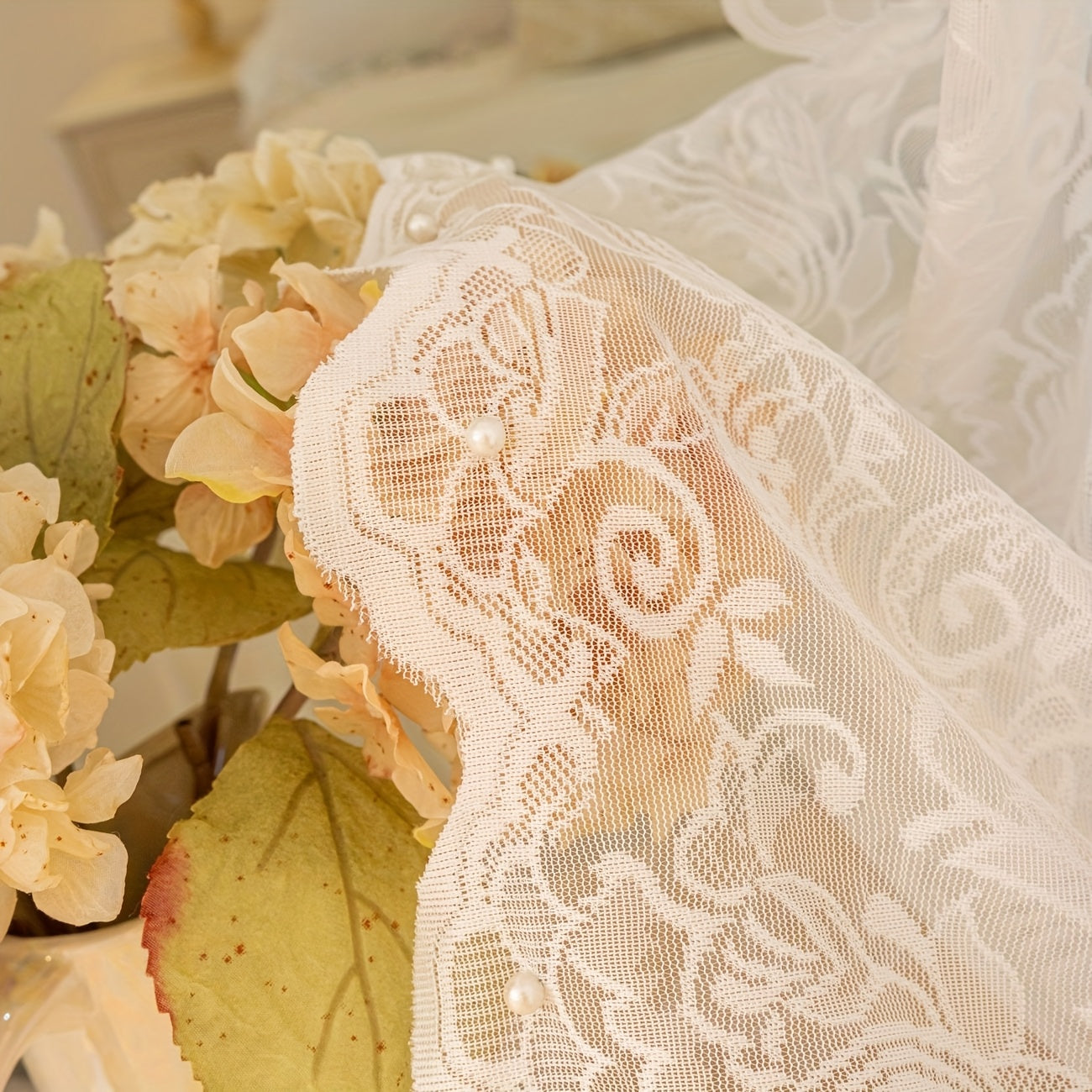 2D White Lace Curtain Semi Transparent Floral Pattern Rod Pocket Design for Living Room Bedroom Kitchen or Cafe Washable Polyester All Season Use