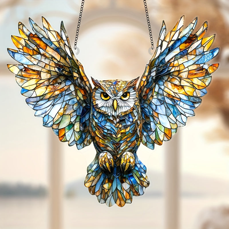 1pc Stained Glass Owl Suncatcher 6.7 Inch X 8 Inch Plastic Animal Theme Hanging Decoration Perfect for Christmas Home and Office Murals Unique Birthday and Anniversary Gift for Her Holiday Room and Outdoor Decor