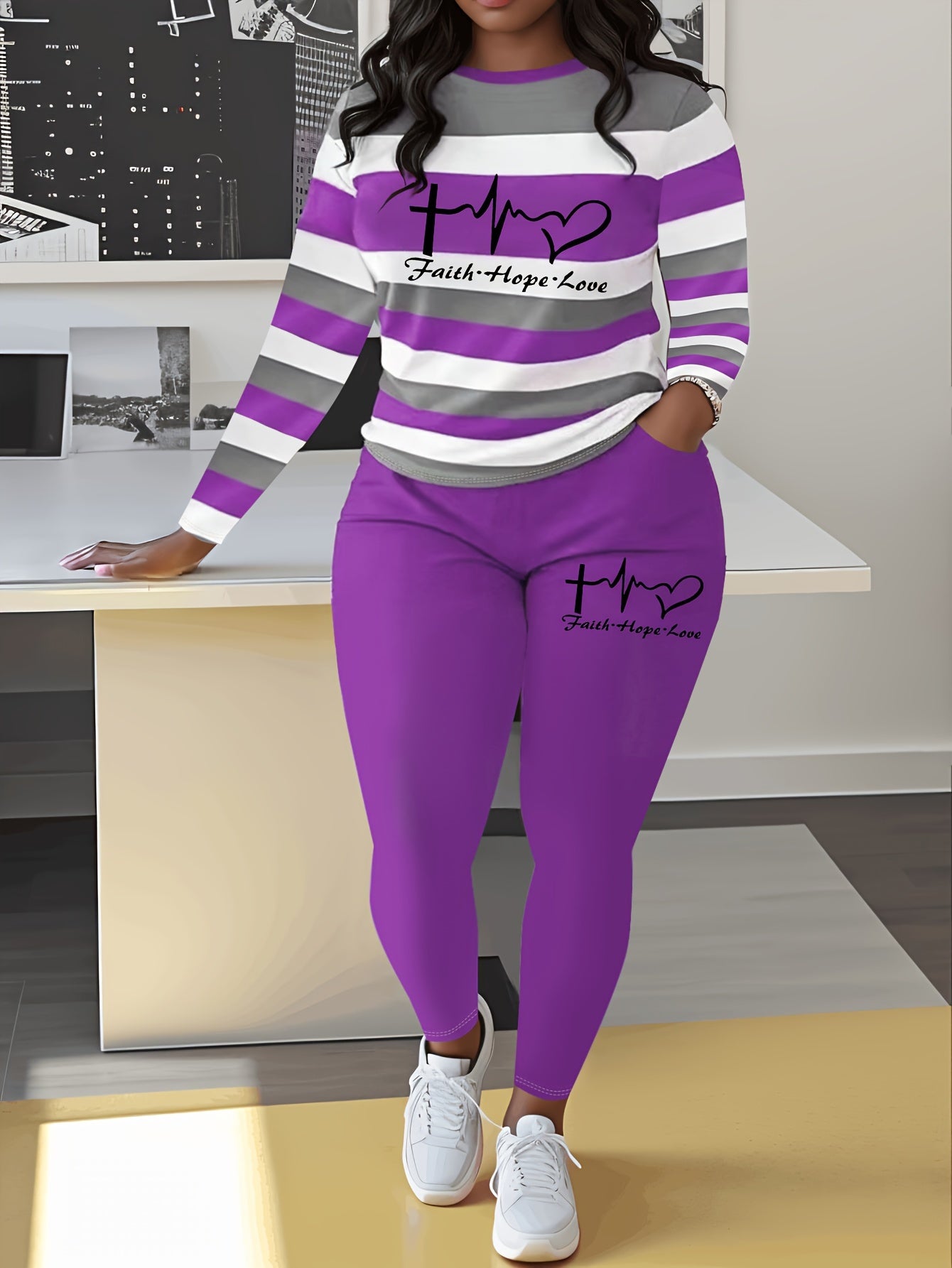 Plus Size Heart & Letter Print Two-piece Set Outfits